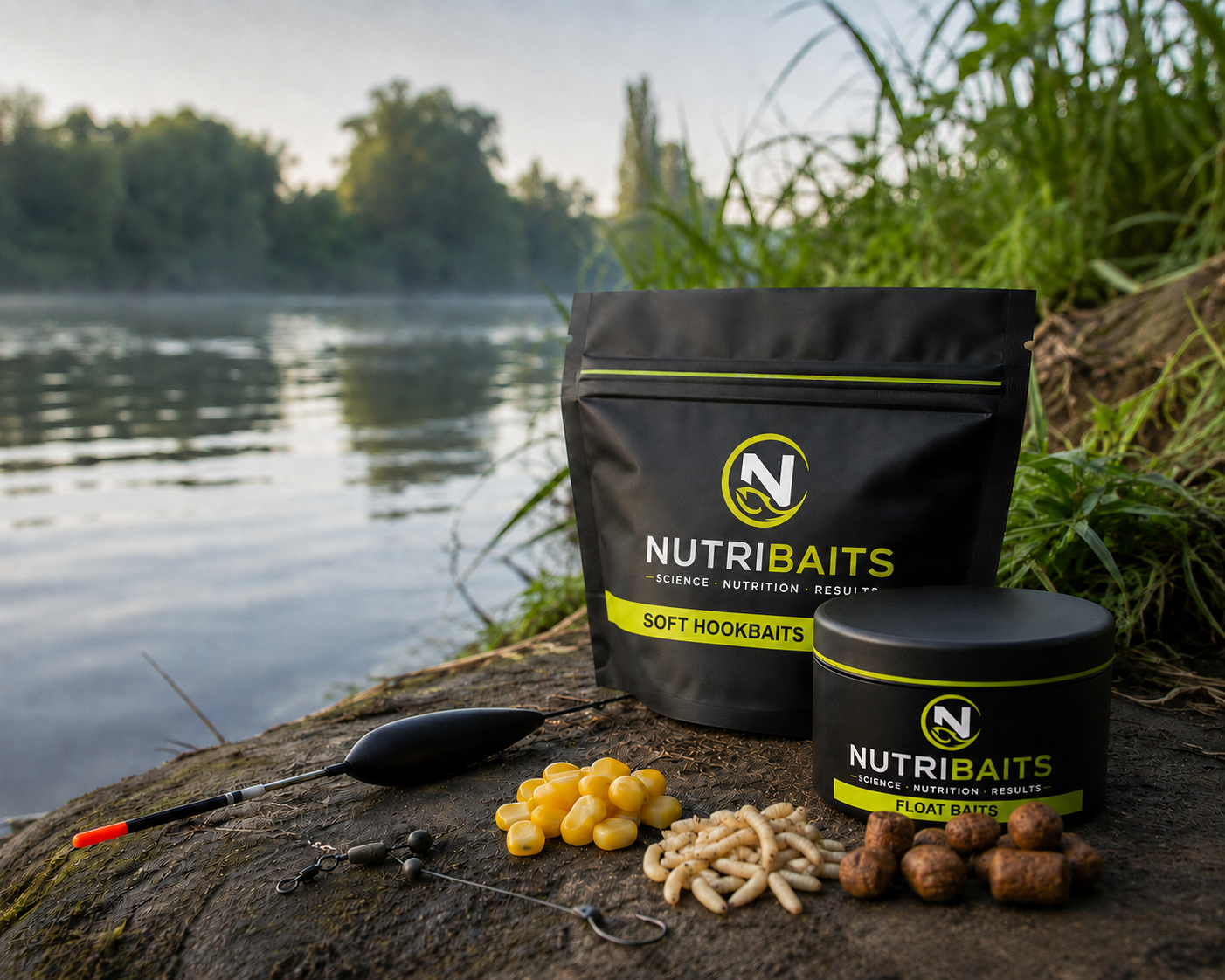 Obecný černý obal NUTRIBAITS s drobnými nástrahami, kukuřicí a peletami u vody